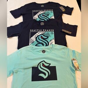 3 Seattle Kraken T-shirts 1 Ice Blue & 2 navy blue youth XL14/16 (discoloration)